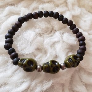 Green Skull & Dark Brown Beaded Bracelet